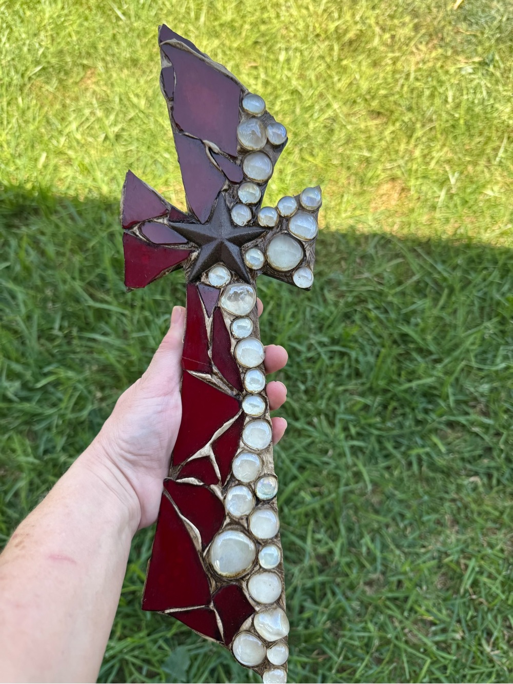 Rustic red and Pearl mosaic Glass Cross Wall Art